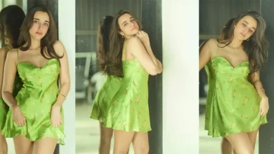 Nuveksha Radiates Elegance In Lime-Green Satin Dress