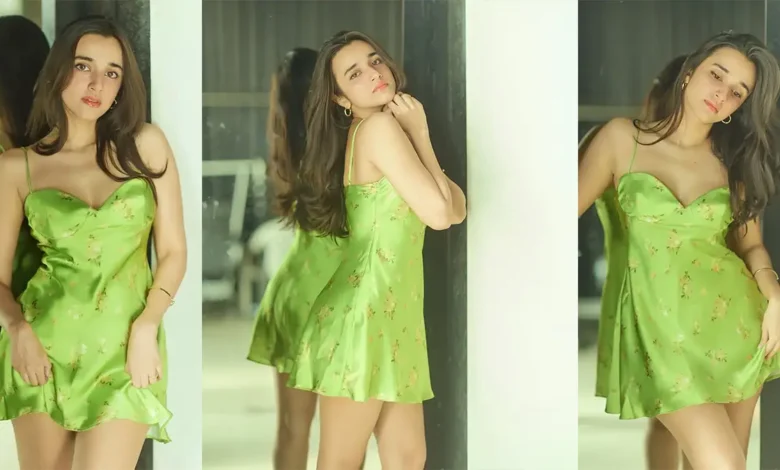 Nuveksha Radiates Elegance In Lime-Green Satin Dress